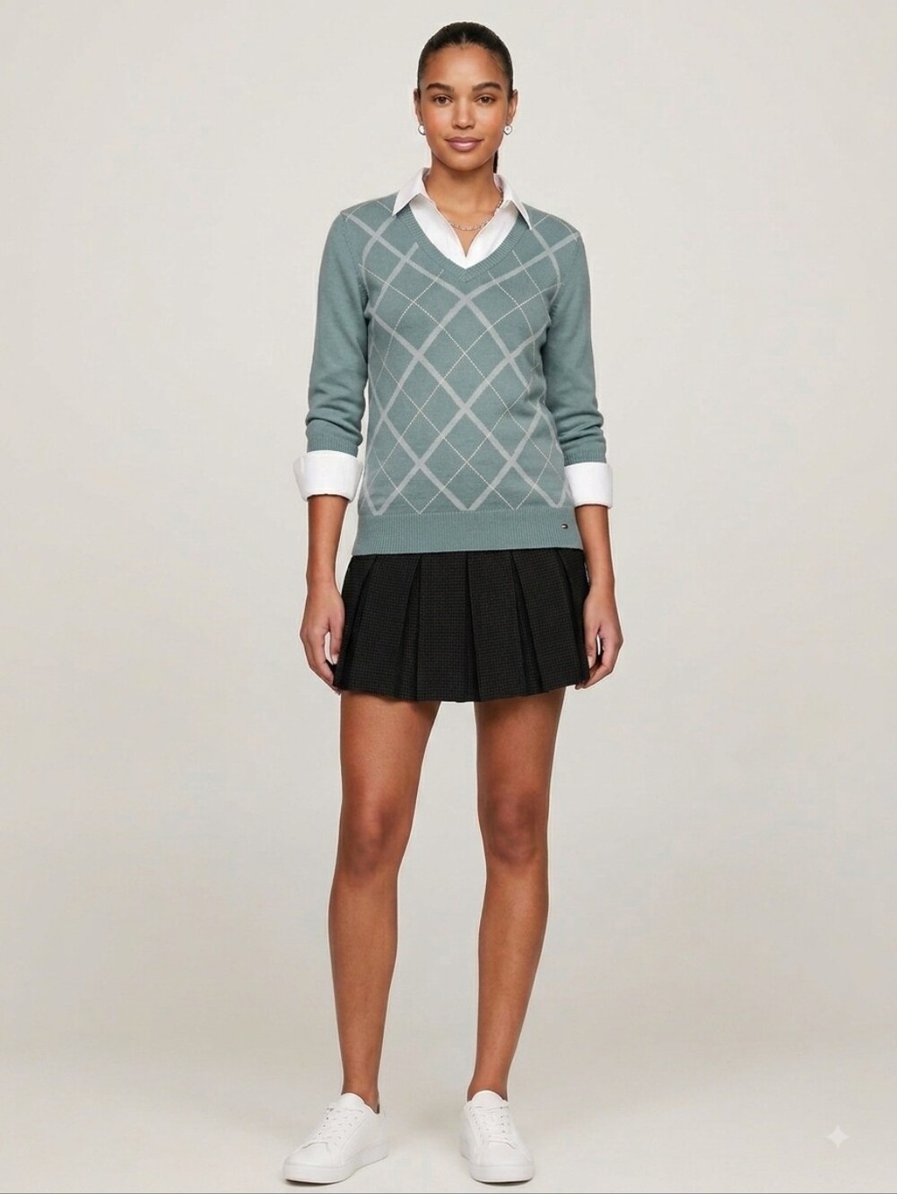 ​Tommy Hilfiger Argyle V-Neck Sweater Size S Sage Green 3/4 Sleeve Knit Top Y2K